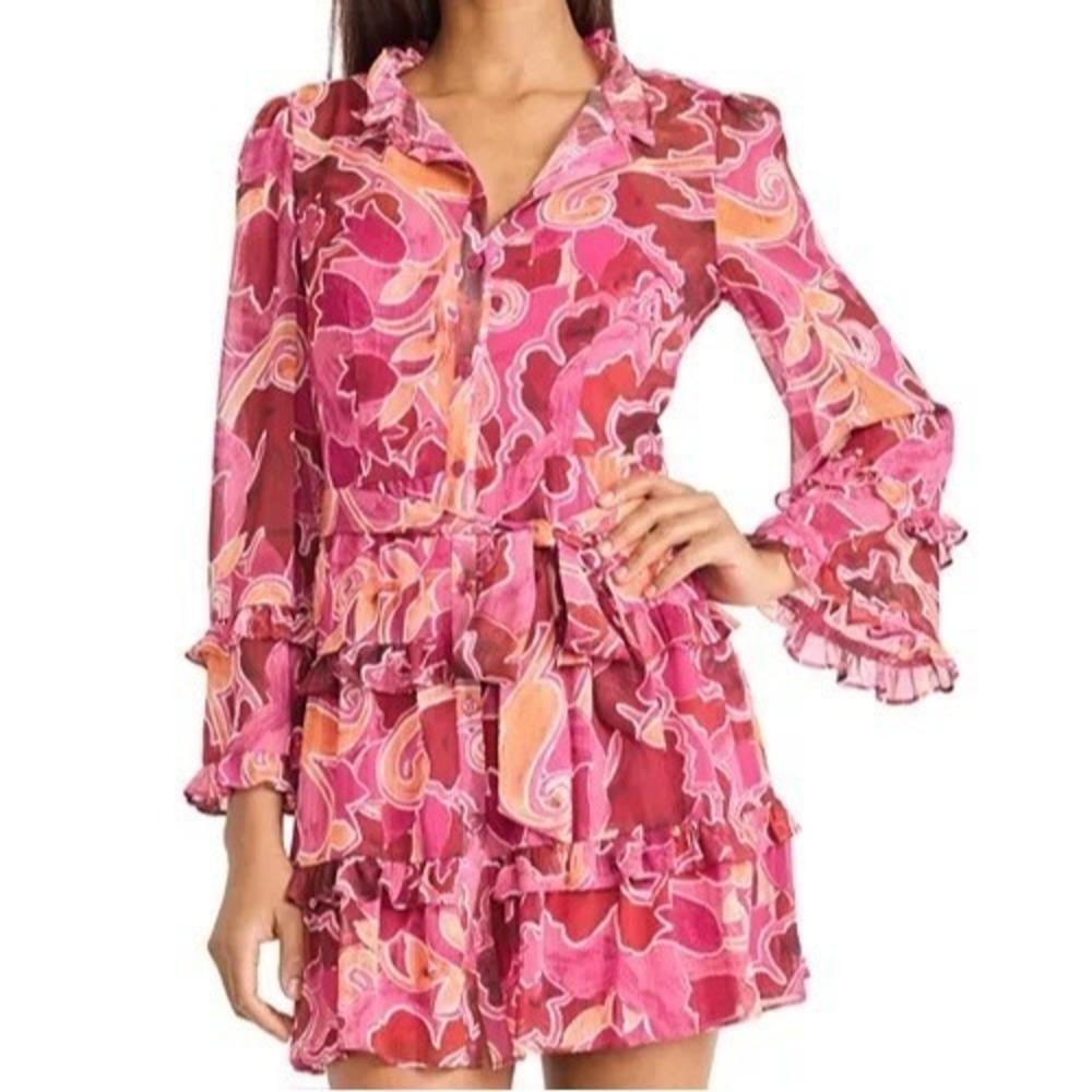 Donna Morgan Floral Ruffle Tiered Button Front Tie Pink Dress Womens Size 12 NWT